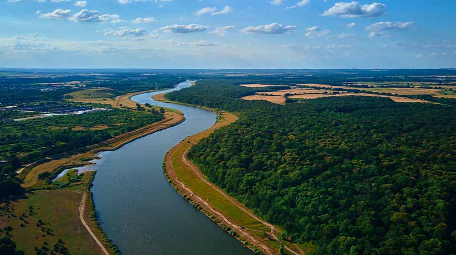 Aerial view of a river and its bank