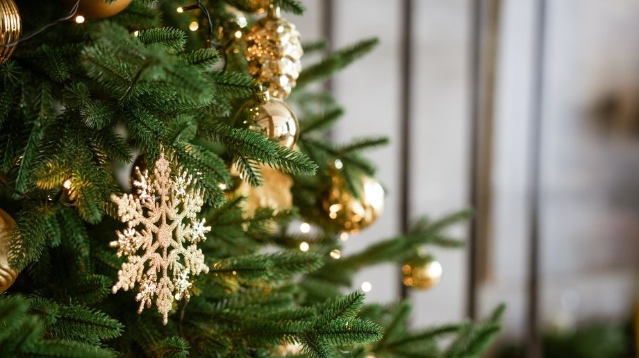 Closeup of Christmas tree with gold ornaments