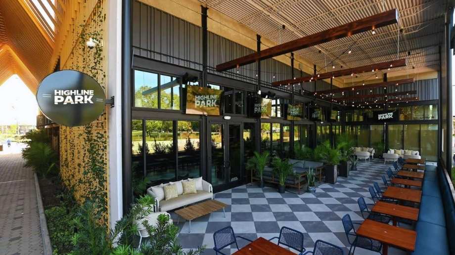 Dining patio at Highline Park in Houston.