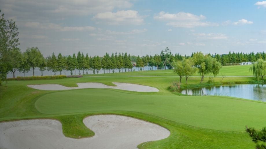 Golf course with ponds and sand traps