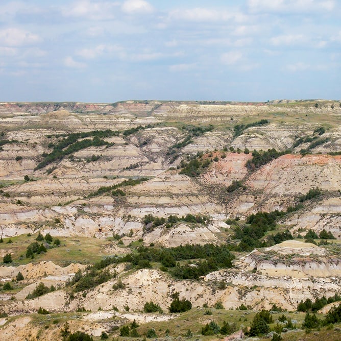 Aerial view of badlands terrain in the Bakken region